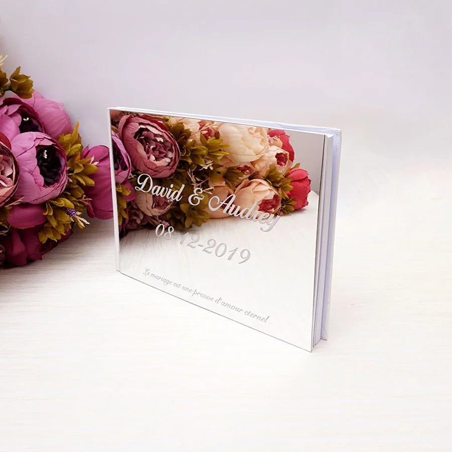 Livre d'Or Mariage Personnalisé Effet Miroir Doré ou Argenté