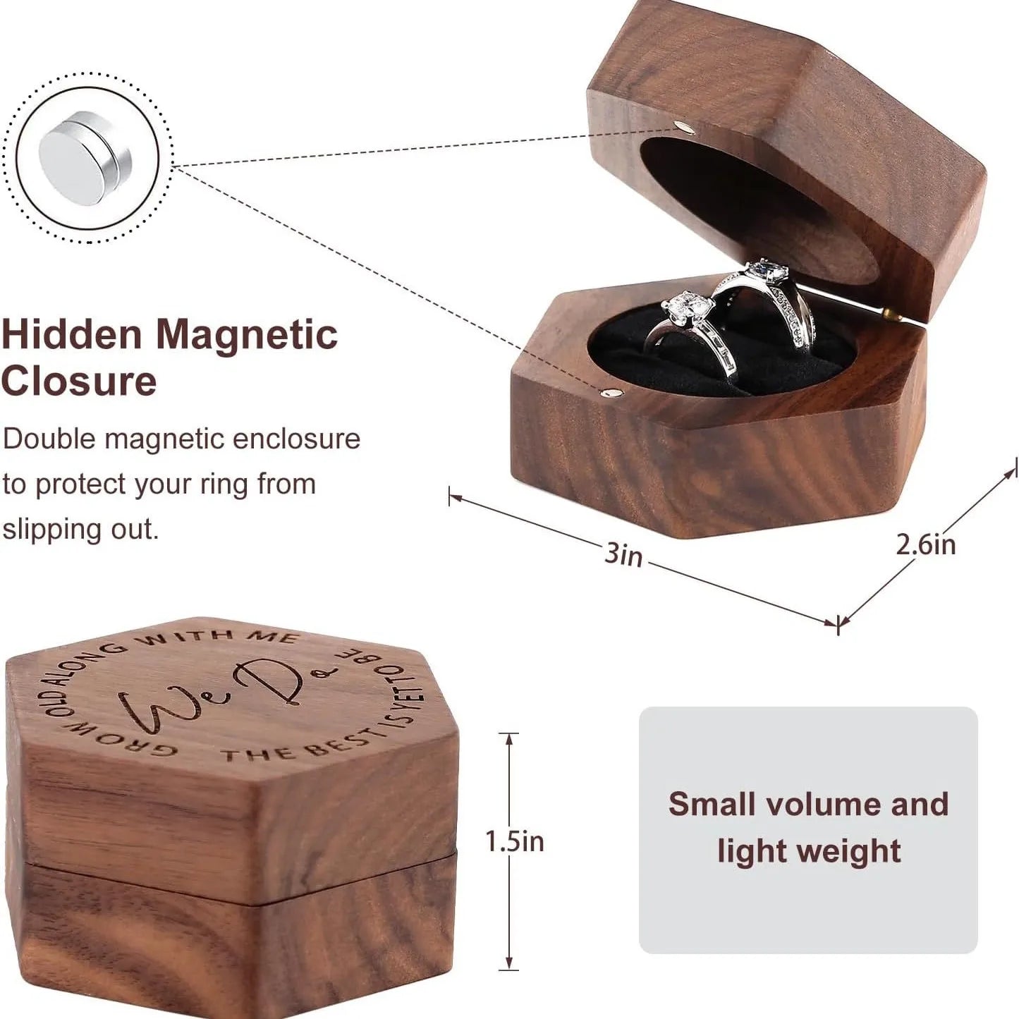 Boîte alliance mariage bois hexagonale double bague