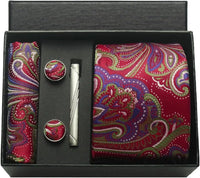 Coffret cravate mariage pochette et boutons manchette — Rouge paisley multicolore