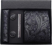 Coffret cravate mariage pochette et boutons manchette — Gris anthracite paisley