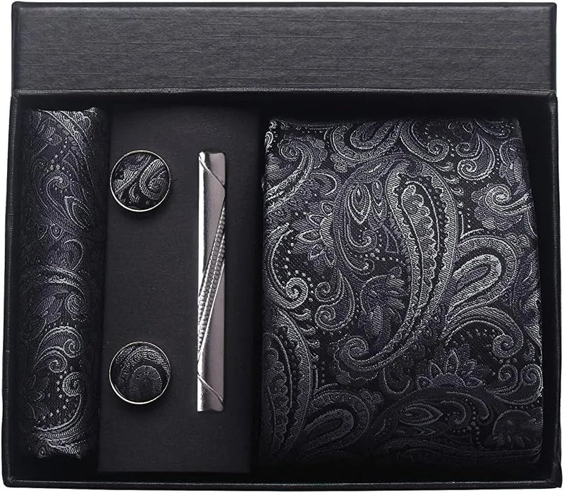 Coffret cravate mariage pochette et boutons manchette — Gris anthracite paisley