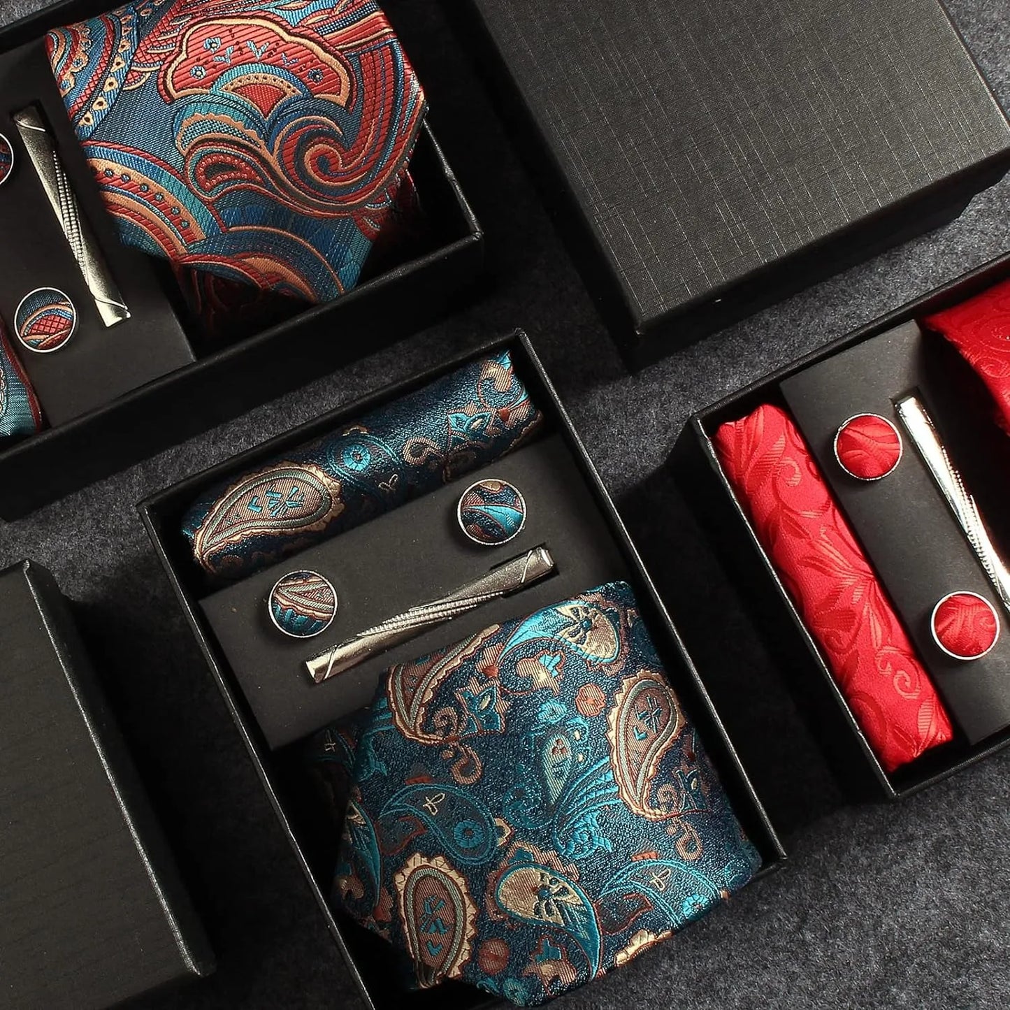 Coffret cravate mariage pochette et boutons manchette