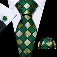 Cravate Mariage Homme Verte Pochette Boutons de Manchette — Damier Vert et Or