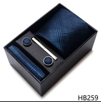 Coffret Cravate Mariage Homme Pochette et Boutons de Manchette — Marine Carreaux Ton sur Ton