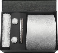 Coffret cravate mariage pochette et boutons manchette — Argent fleuri