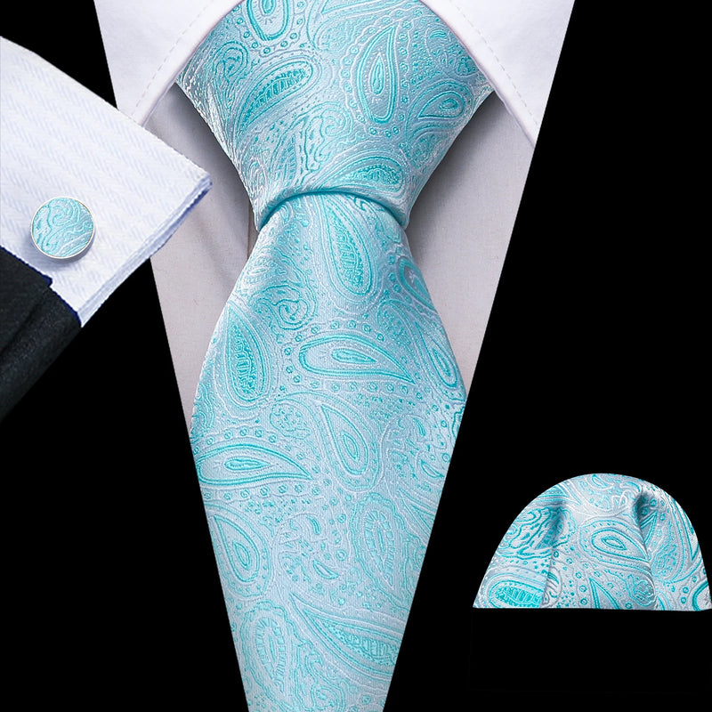 Cravate Mariage Homme Verte Pochette Boutons de Manchette — Bleu Ciel Cachemire