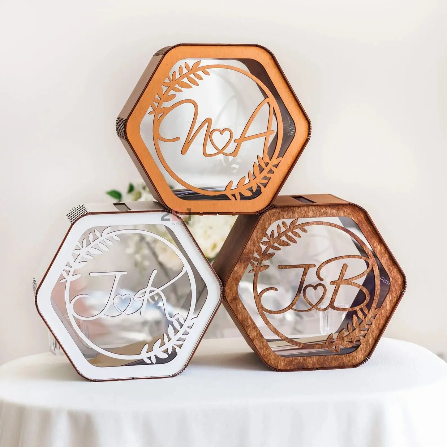 Urne Mariage Personnalisée Hexagone en Bois