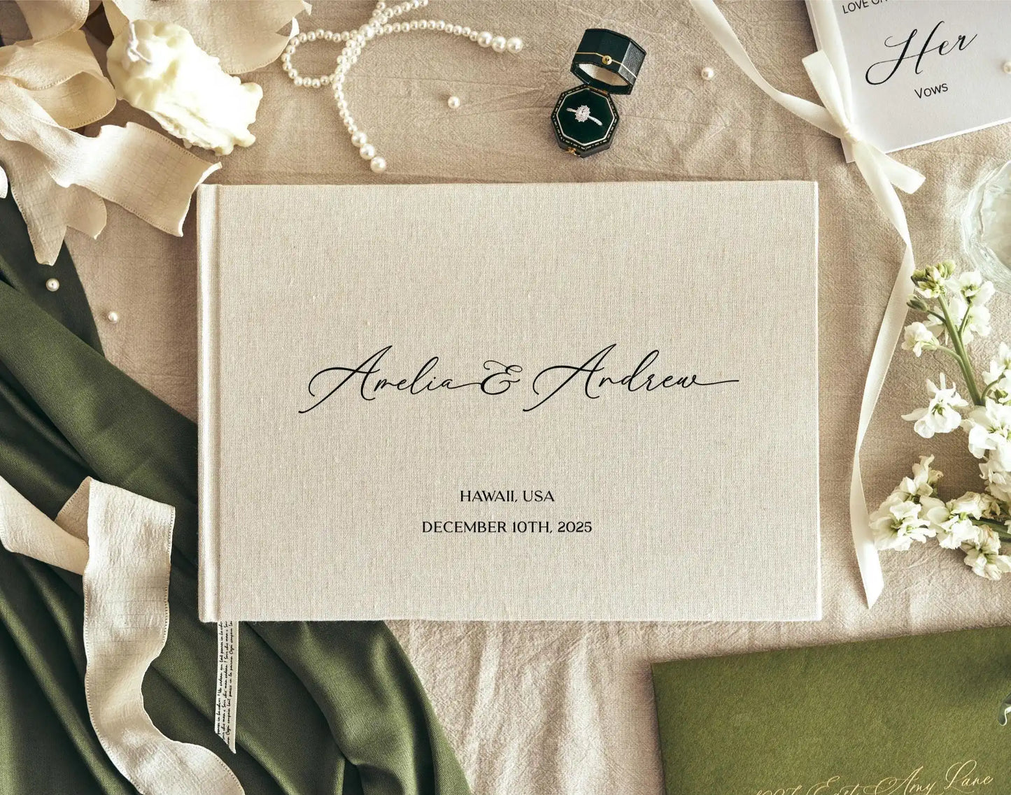 Livre d'or mariage personnalisé en lin naturel