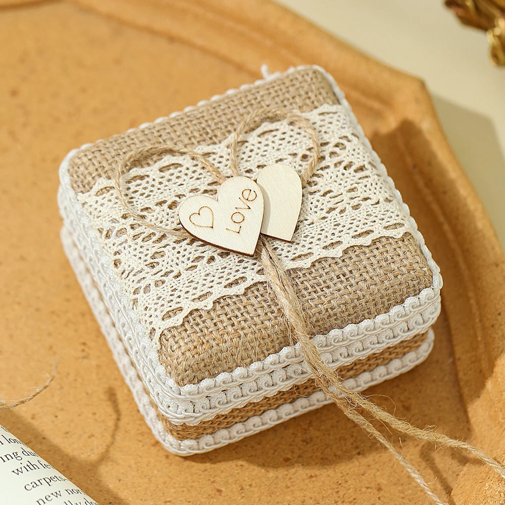 Vintage Burlap Lace Wedding Ring Box Pillow, Rustic Heart & Square Ring Bearer Box for Wedding Ceremony, Bridal Jewelry Gift Box