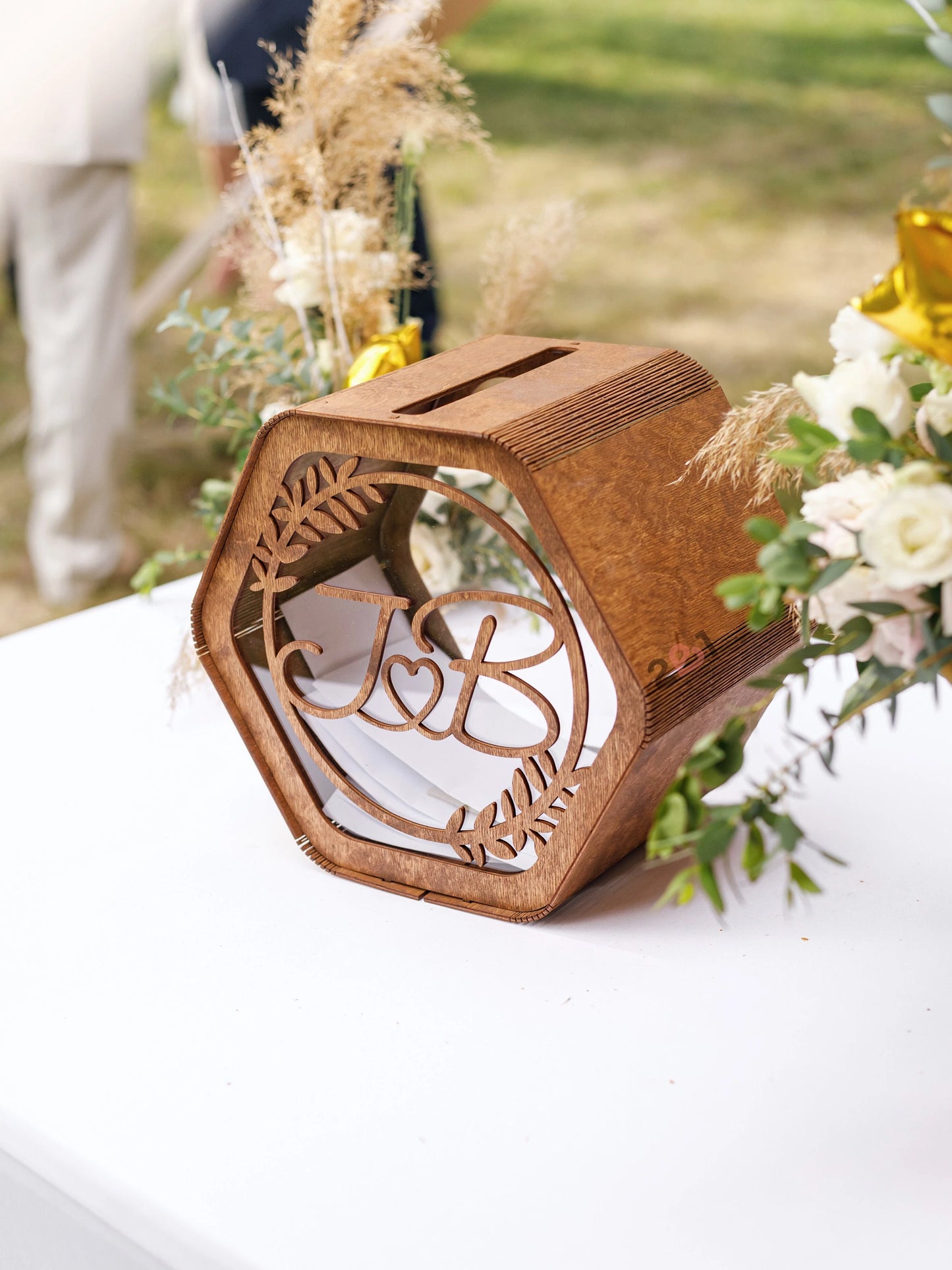 Boîte à Enveloppes Mariage Hexagone Bois Gravé