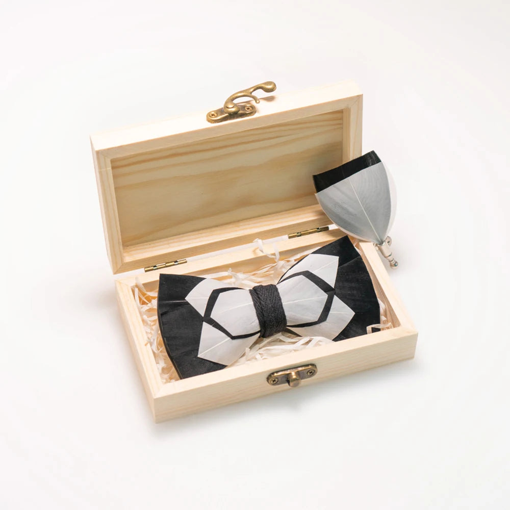 Nœud papillon mariage plumes coffret bois — vue 18