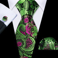Cravate Mariage Homme Verte Pochette Boutons de Manchette — Noir Fleurs Vertes et Fuchsia