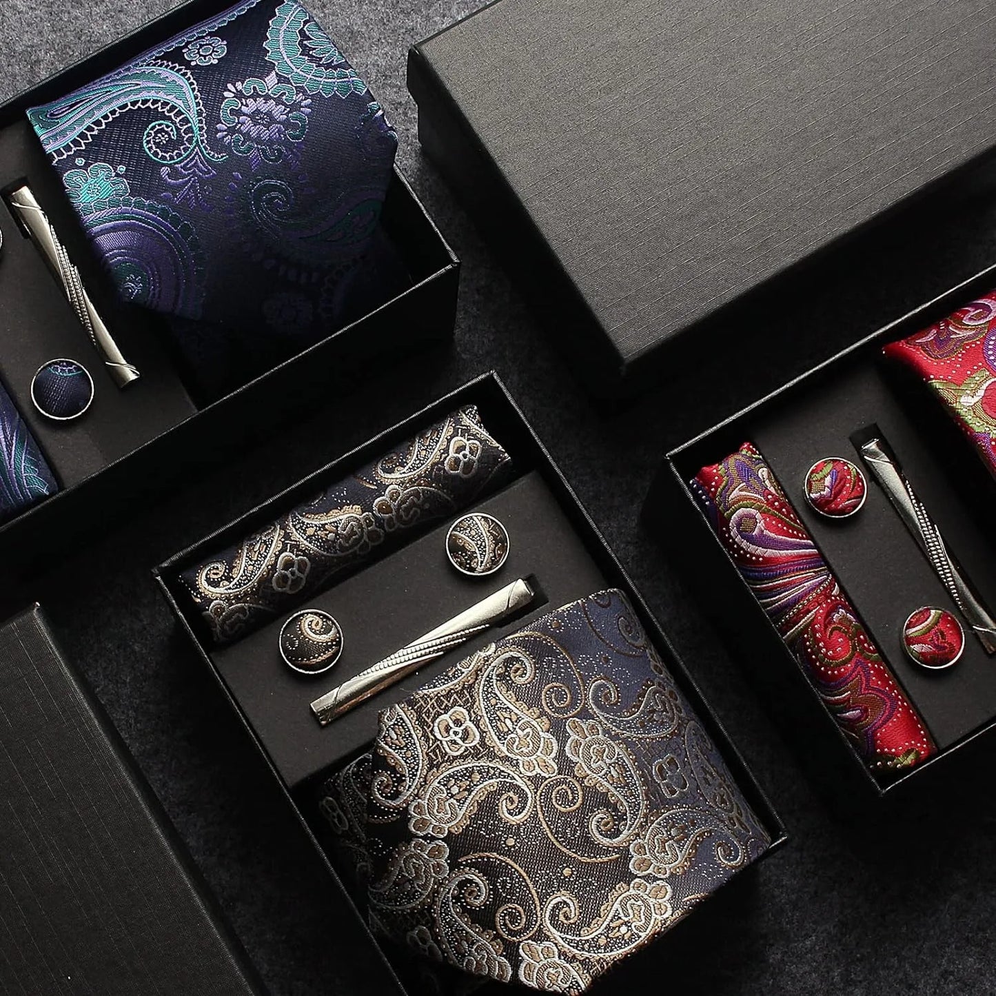 Coffret cravate mariage pochette et boutons manchette