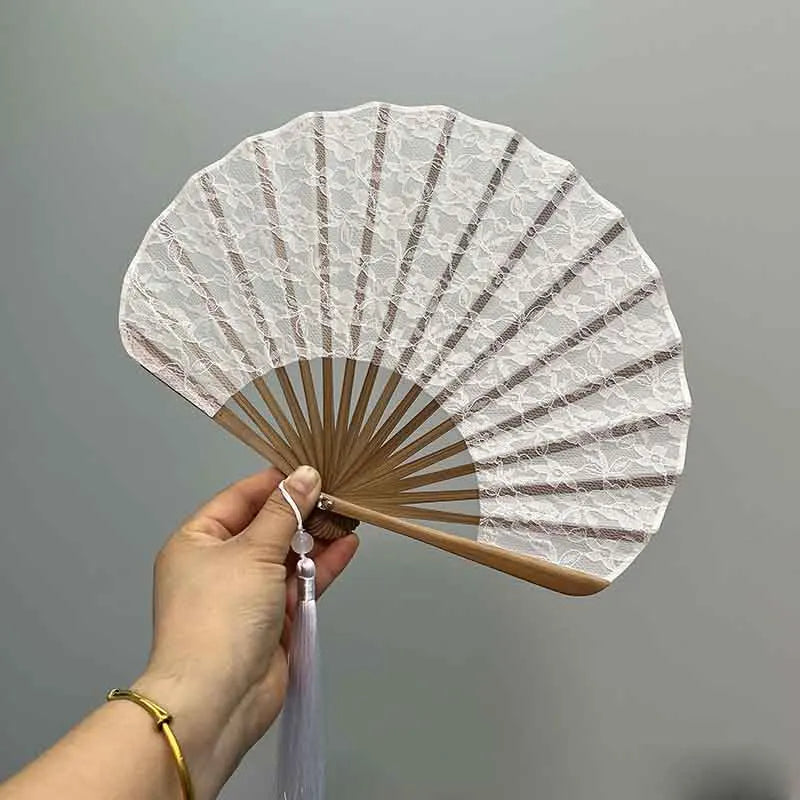 Éventail Bambou Mariage Dentelle Blanche