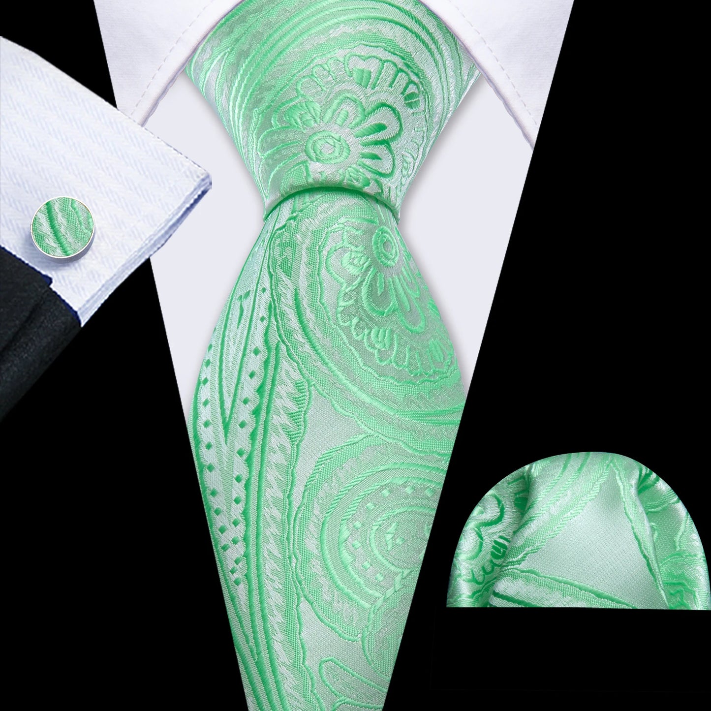 Cravate Mariage Homme Verte Pochette Boutons de Manchette