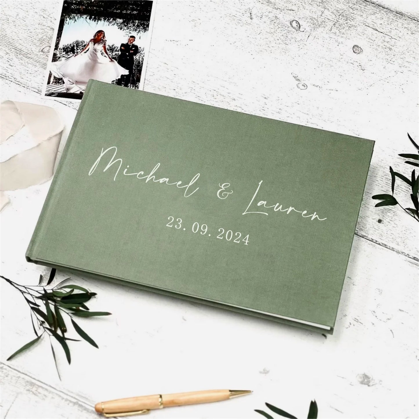 Livre d'or mariage chic lin vert personnalisé