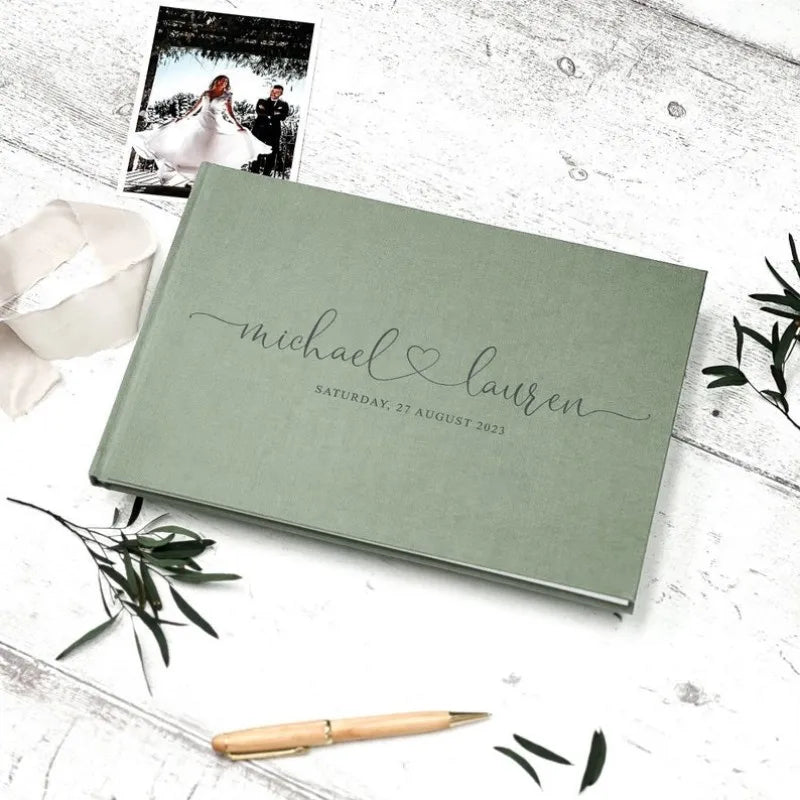 Livre d'or mariage chic lin vert personnalisé
