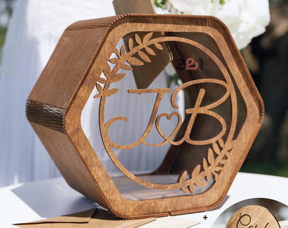 Boîte à Enveloppes Mariage Hexagone Bois Gravé