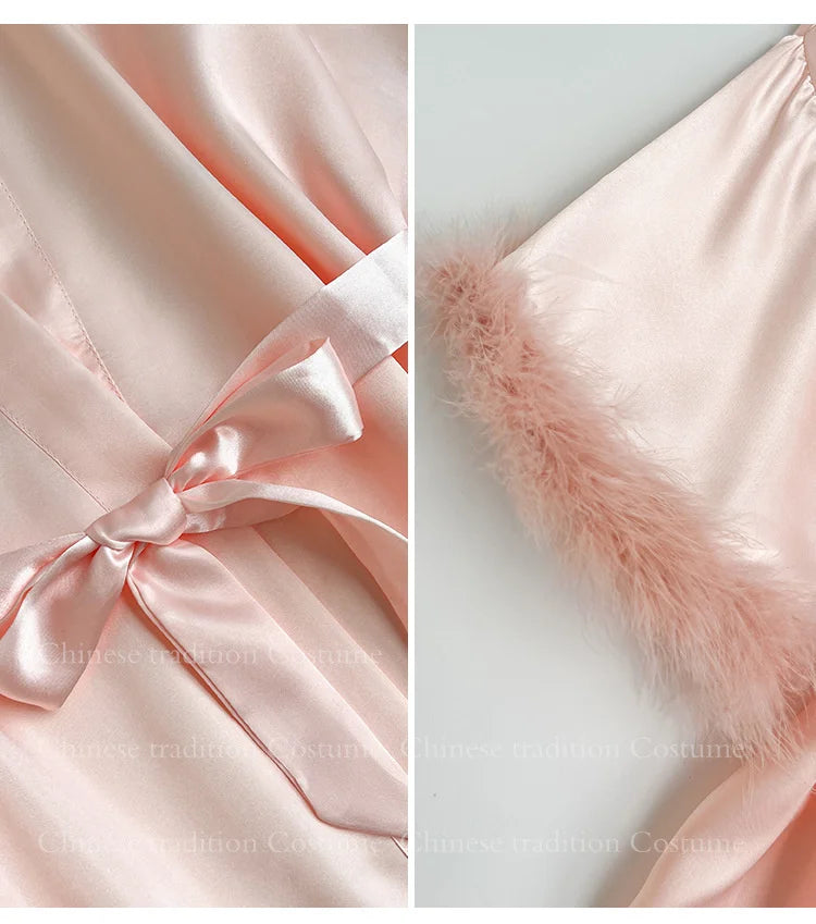 Peignoir Mariée Court Satin Plumes