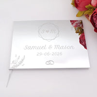 Livre d'Or Mariage Miroir Personnalisé Format Paysage 25x18 cm — Monogramme et Alliances (Argenté)