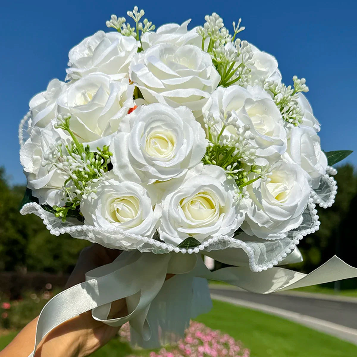 Bouquet de mariée roses et gypsophile — vue 11