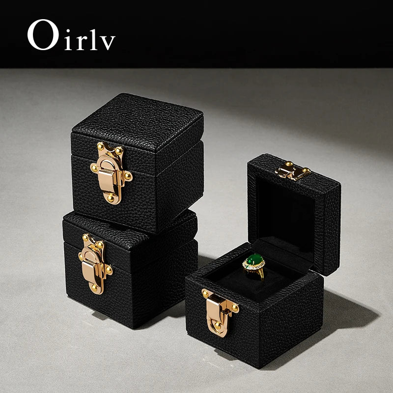Oirlv Genuine Leather Ring Box Luxury Single Ring Storage Case with Gold Lock, Premium Jewelry Gift Box for Proposal, Engagement