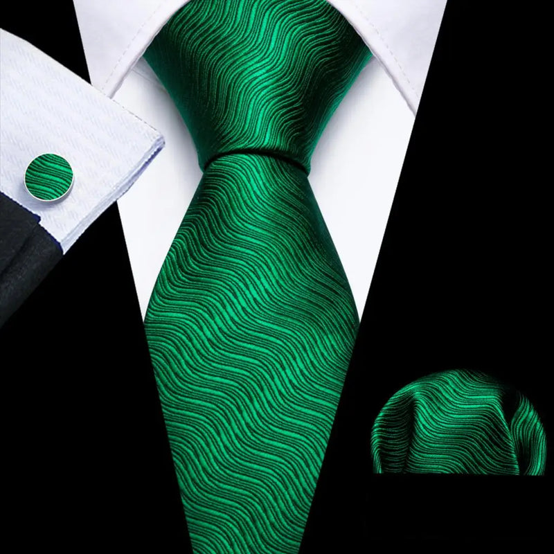 Cravate Mariage Homme Verte Pochette Boutons de Manchette — Vert Émeraude Ondulé