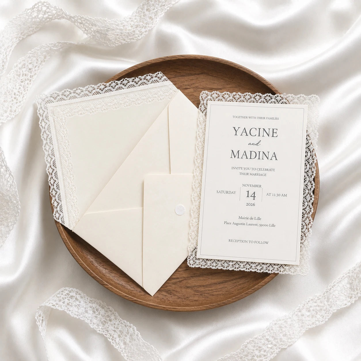 Faire-Part Mariage Dentelle Ivoire Personnalisé