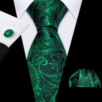 Cravate Mariage Homme Verte Pochette Boutons de Manchette — Vert Émeraude Arabesques