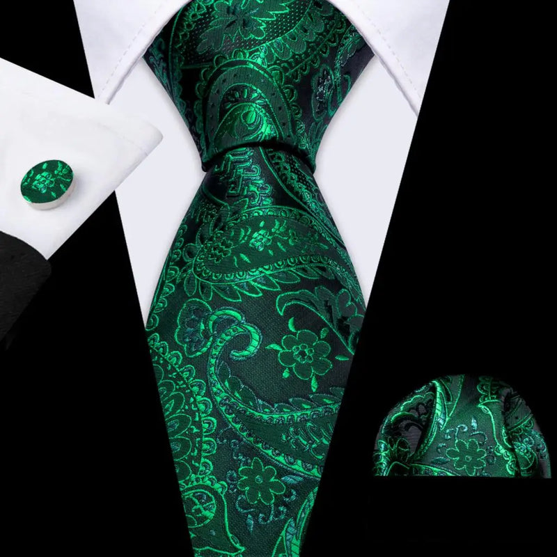 Cravate Mariage Homme Verte Pochette Boutons de Manchette — Vert Émeraude Arabesques