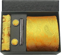 Coffret cravate mariage pochette et boutons manchette — Jaune doré paisley