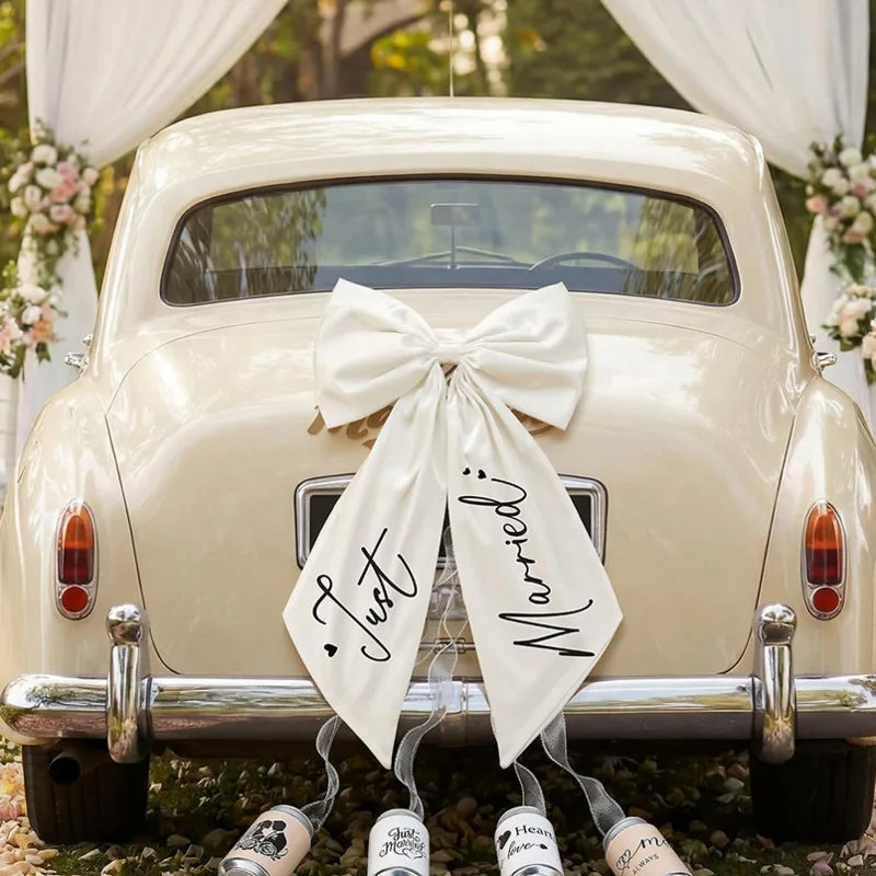 Nœud Arrière Voiture Mariage Satin Blanc — vue 2