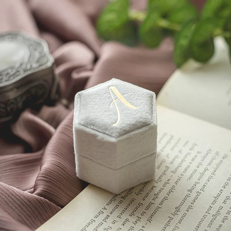 Personalized Hexagon Velvet Wedding Ring Box Engraved Name Date Bridal Jewelry Storage Box Engagement Decor