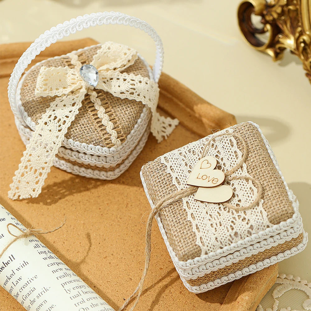 Vintage Burlap Lace Wedding Ring Box Pillow, Rustic Heart & Square Ring Bearer Box for Wedding Ceremony, Bridal Jewelry Gift Box