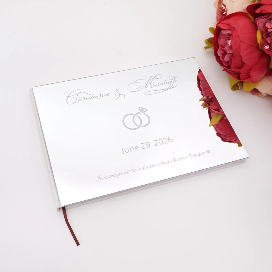 Livre d'Or Mariage Personnalisé Effet Miroir Doré ou Argenté