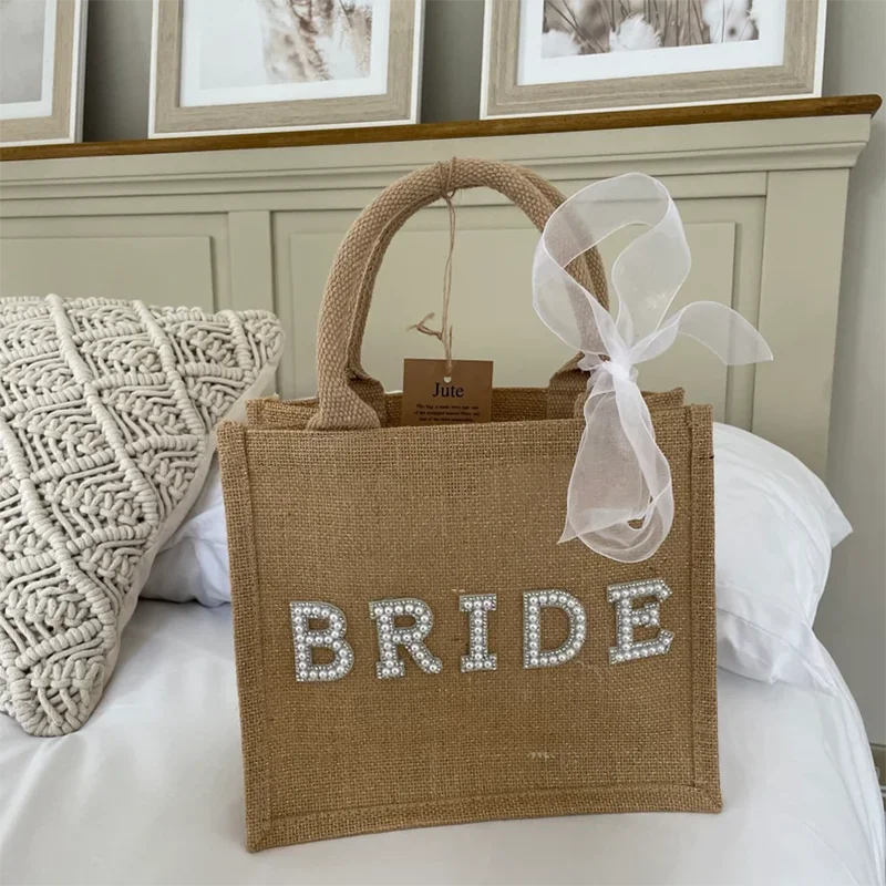 Sac cabas mariée jute perles