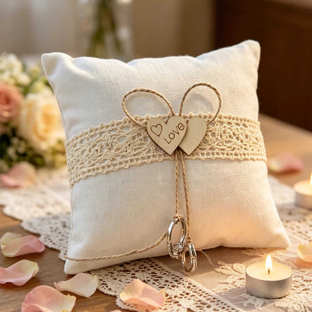 Coussin alliances champêtre cœur de jute