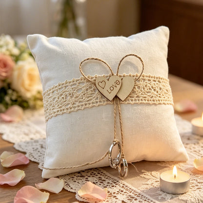 Coussin alliances champêtre cœur de jute