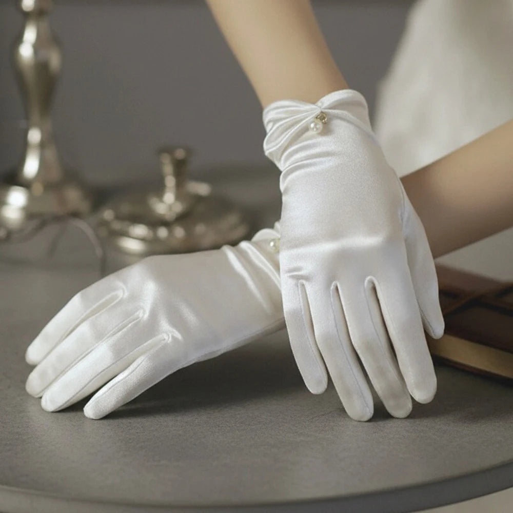 Gants Mariée Satin Courts à Perles
