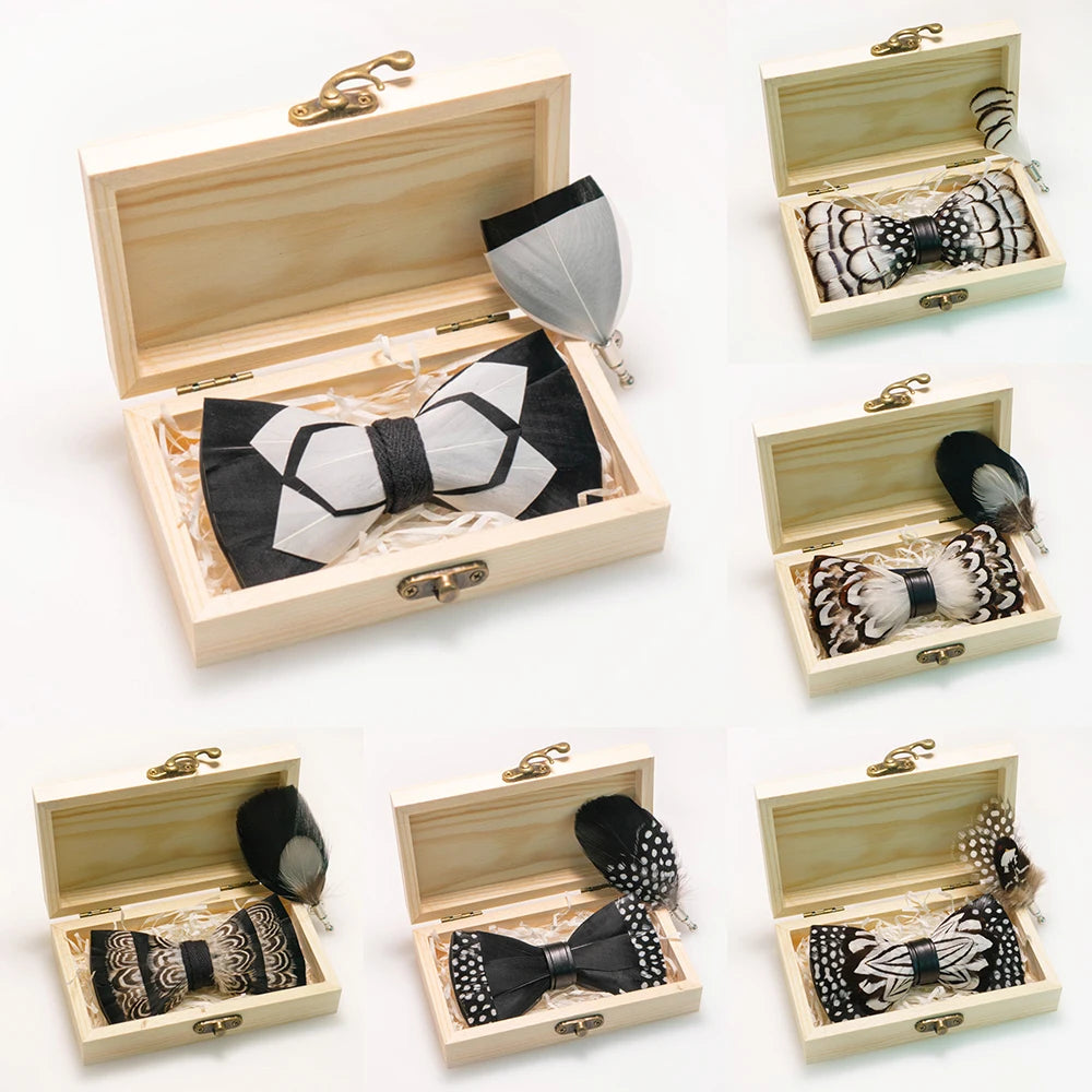 Nœud papillon mariage plumes coffret bois
