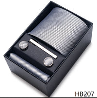 Coffret Cravate Mariage Homme Pochette et Boutons de Manchette — Gris Argent Quadrillé