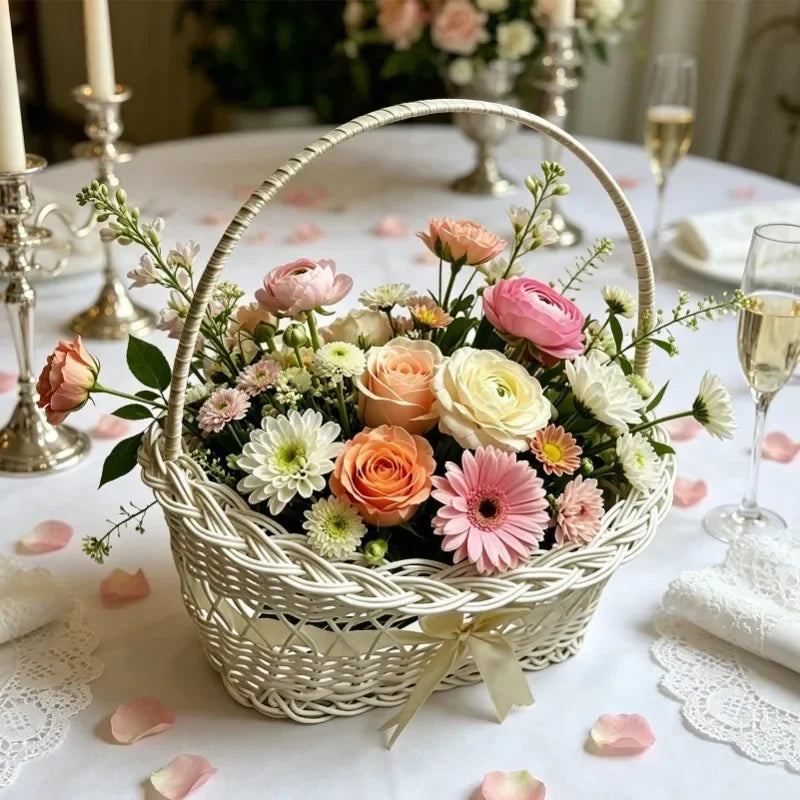 Panier à pétales mariage tressé blanc