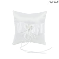 Coussin d'alliance dentelle blanche et nœud satin — 14 x 14 cm, nœud satin et perle