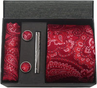 Coffret cravate mariage pochette et boutons manchette — Rouge paisley ton sur ton