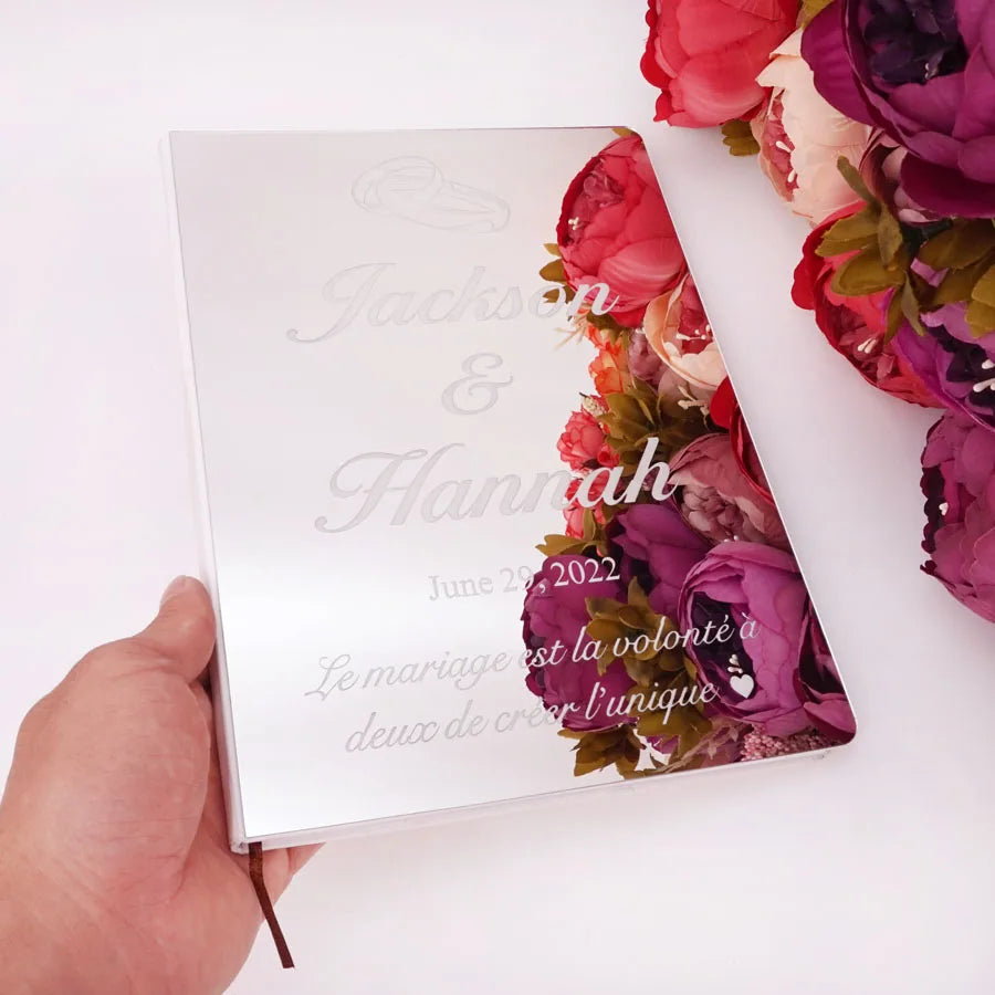 Livre d'Or Mariage Personnalisé Effet Miroir Doré ou Argenté