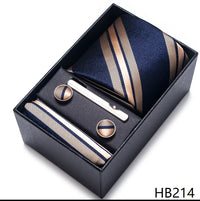 Coffret Cravate Mariage Homme Pochette et Boutons de Manchette — Marine Larges Rayures Beiges