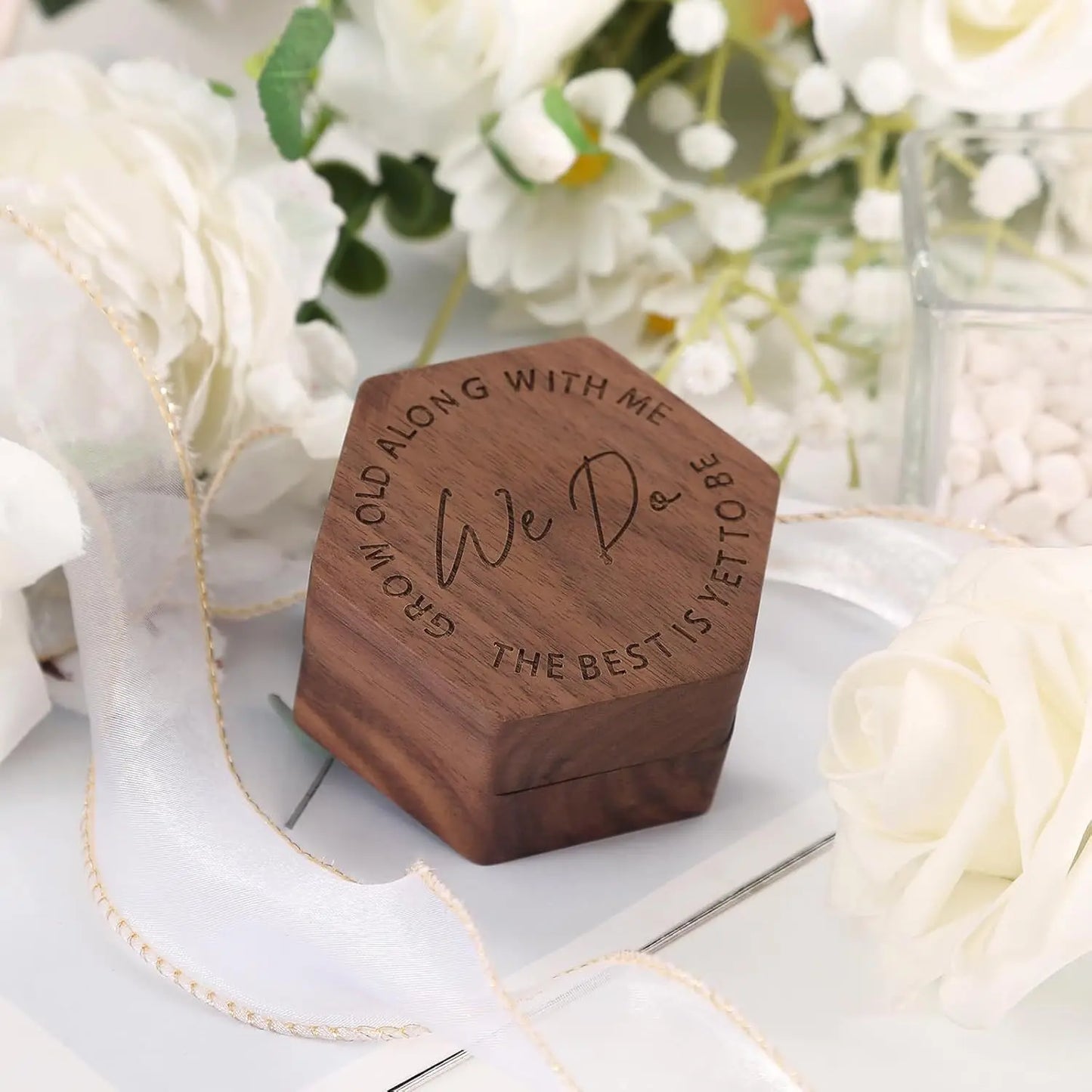 Boîte alliance mariage bois hexagonale double bague