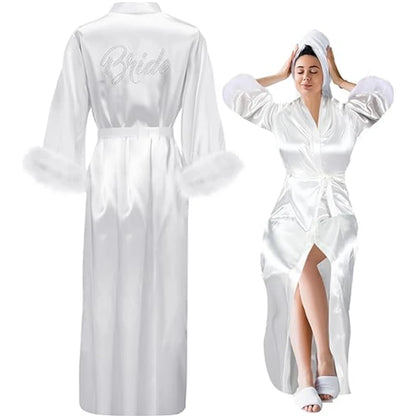 Peignoir Mariée Long Satin à Plumes