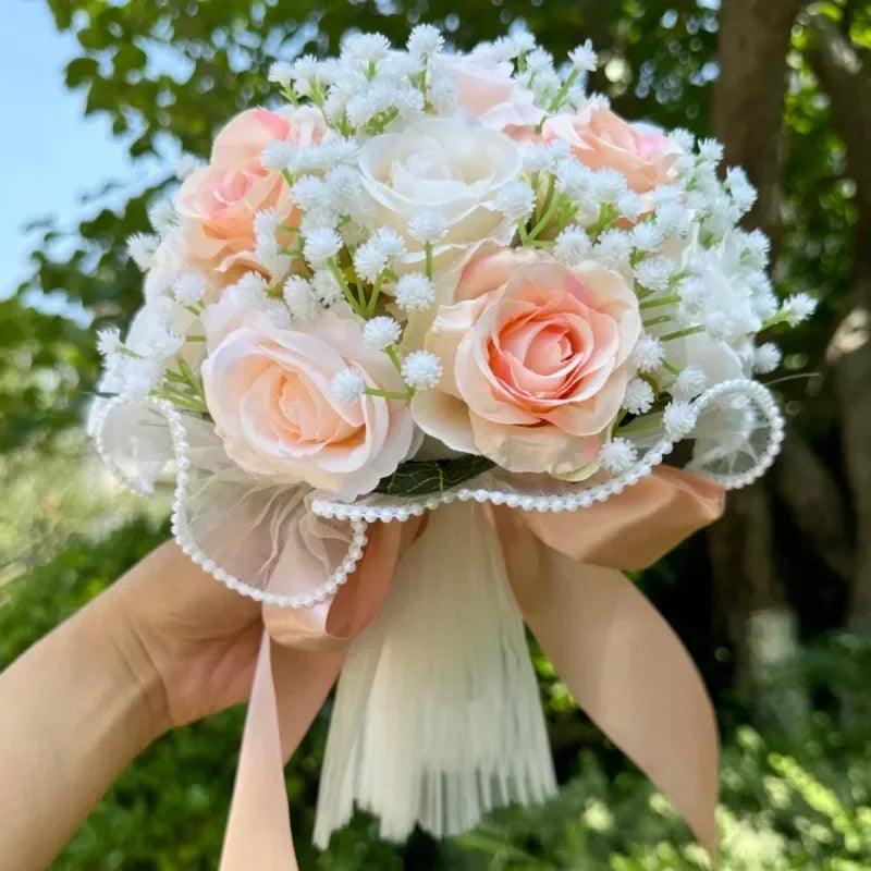 Bouquet de mariée roses et gypsophile — vue 12
