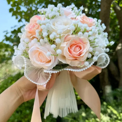 Bouquet de mariée roses et gypsophile — vue 12